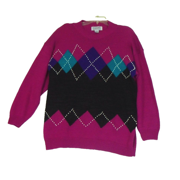 Vintage‎ 90s Y2K Sweater A Little Extra Size 20W Shoulder Pads Argyle Grandma - Picture 2 of 8